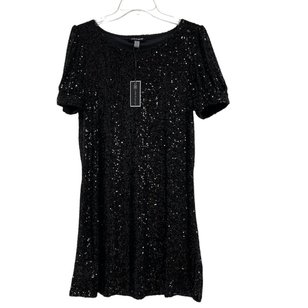 Cable & Gauge Black Sequined Beaded Short Sleeve Lined Dress Size L NWT New - Picture 1 of 12
